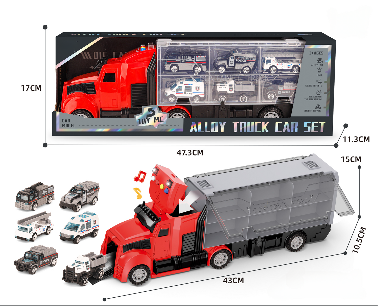 Long-Nose Fire Truck + Police Car Alloy Vehicle Set
