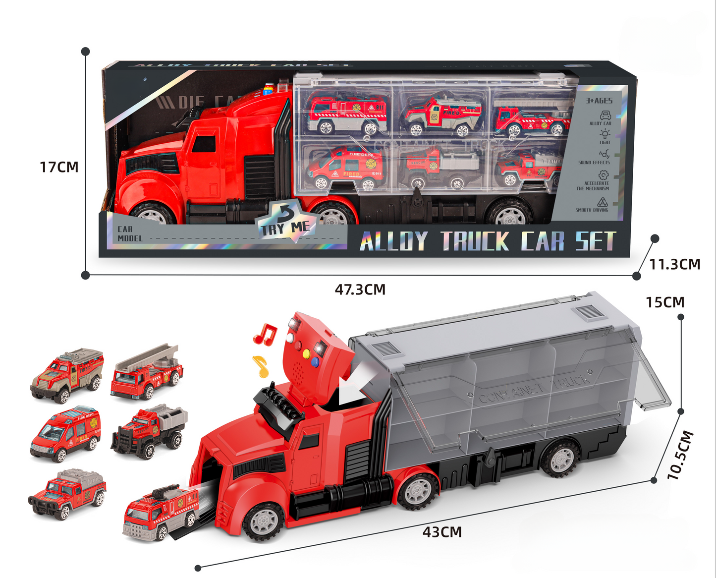 Long-Nose Fire Truck + Red Fire Rescue Alloy Vehicle Set
