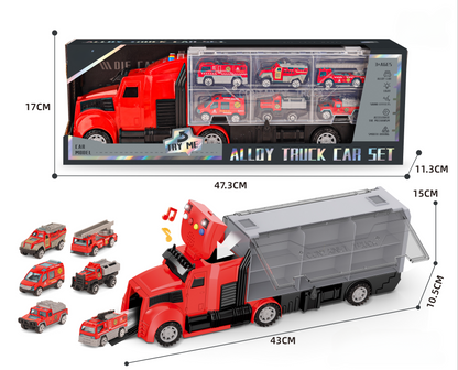 Long-Nose Fire Truck + Red Fire Rescue Alloy Vehicle Set