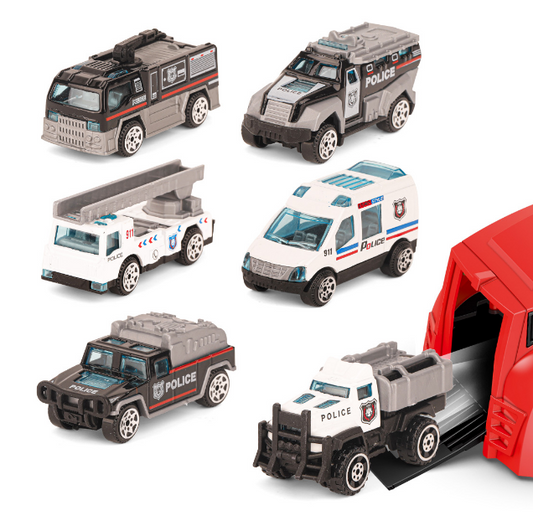 Long-Nose Fire Truck + Police Car Alloy Vehicle Set
